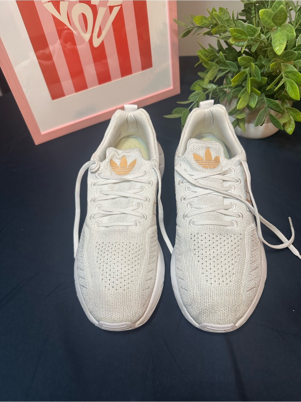 adidas White Knit Athletic Sneakers with Gold Logo